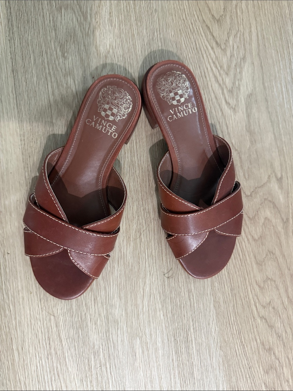 Vince Camuto Women's Cognac Leather Crossover Slide Mules